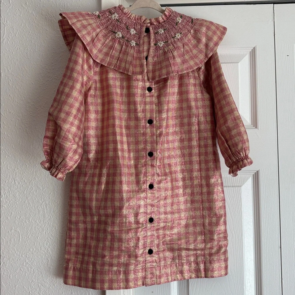 Bonjour Diary Girls Lurex Gingham Ruffle Floral Embroidered Smocked Collar Dress - Picture 4 of 7